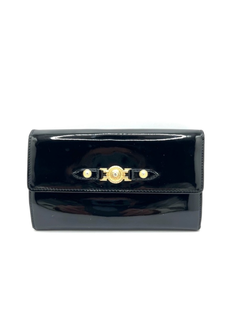Authentic VERSACE Sunburst Black Patent Leather Long Bifold Wallet